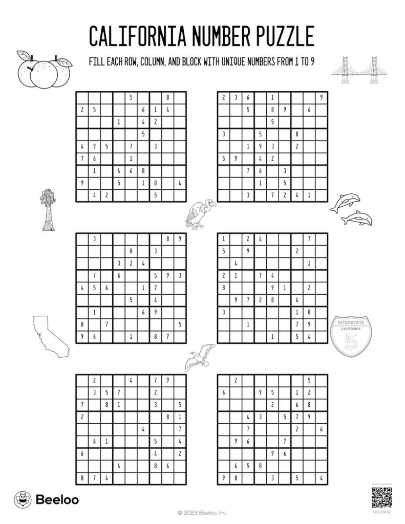California themed Sudoku Puzzles Beeloo Printables