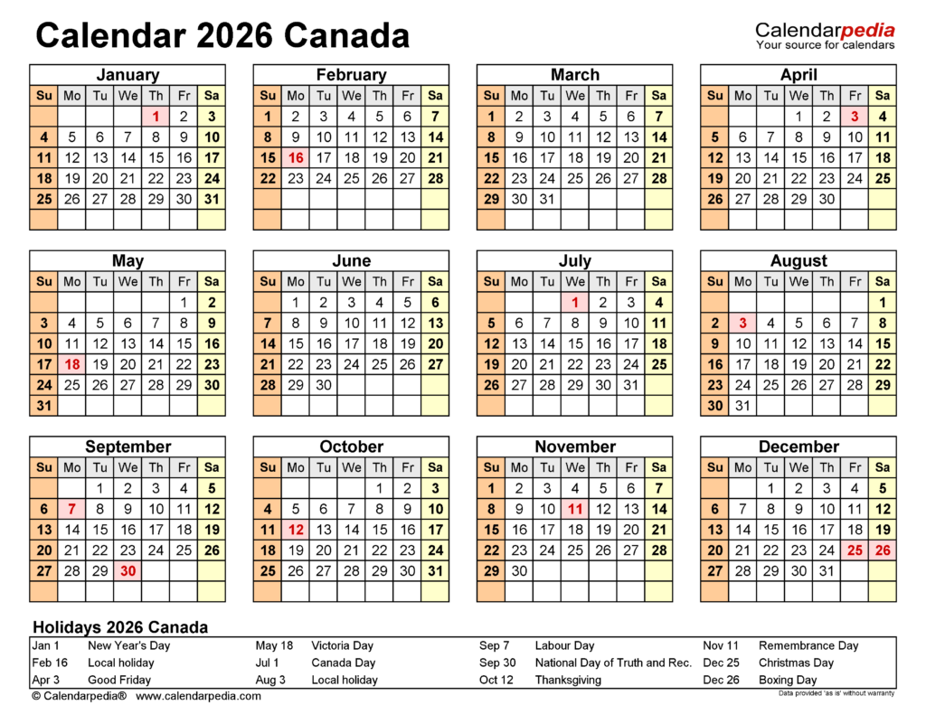 Canada Calendar 2026 Free Printable PDF Templates