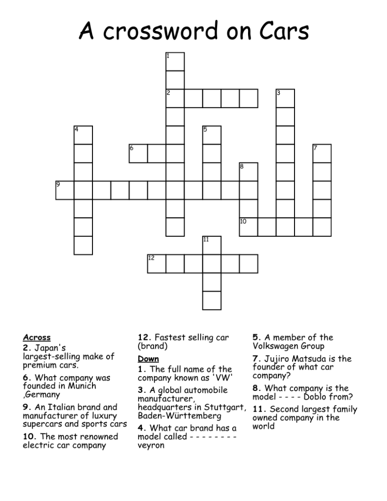 Cars Crossword WordMint