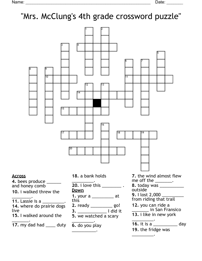 Crossword Puzzles For 4Th Graders Printable