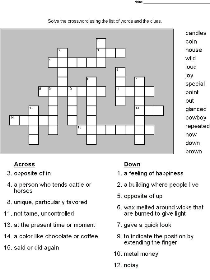 Crossword Puzzles For 5th Graders Printable