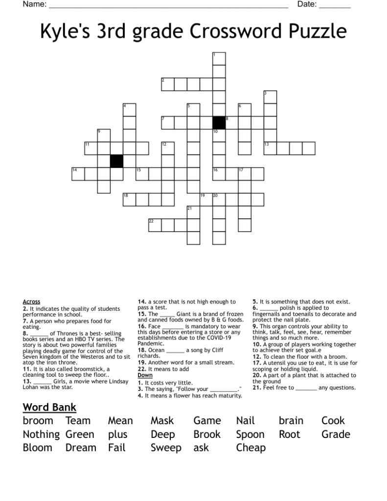 Crossword Puzzles For Grade 3