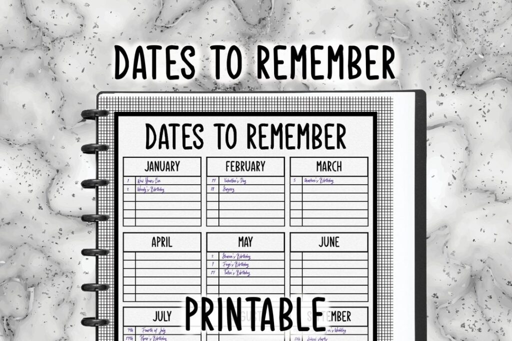 Dates To Remember Printable Year Calendar Birthdays Etsy