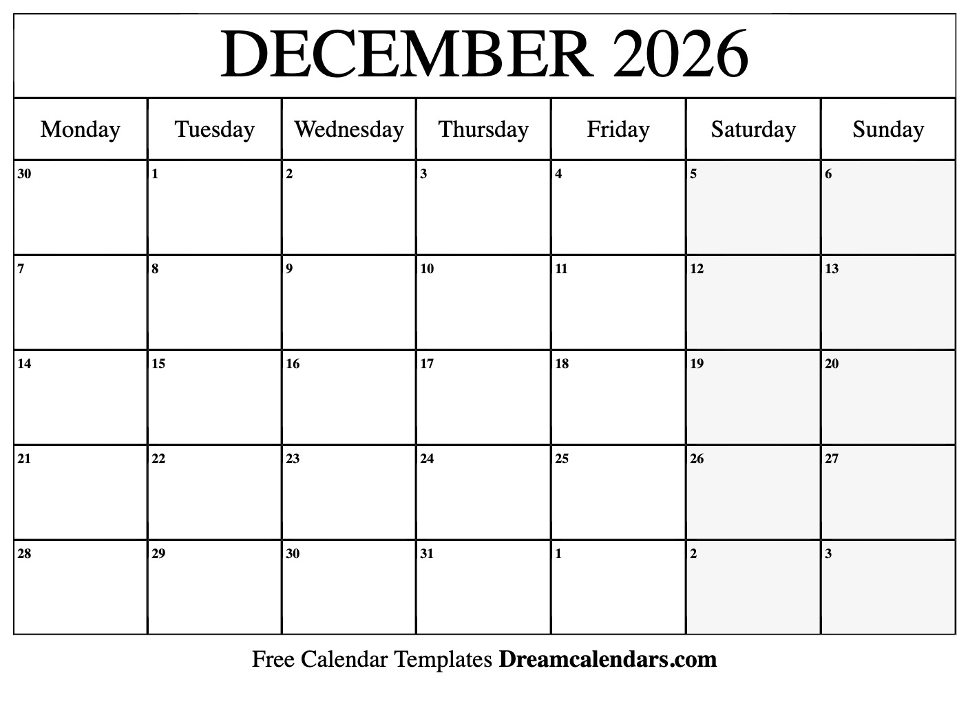 December 2026 Calendar Free Printable With Holidays And Observances