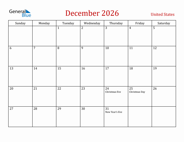 December 2026 Monthly Calendar With United States Holidays