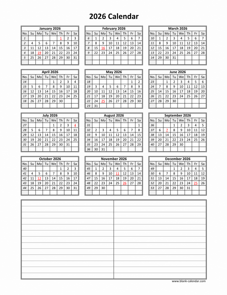 Download Blank Calendar 2026 With Space For Notes 12 Months On One 