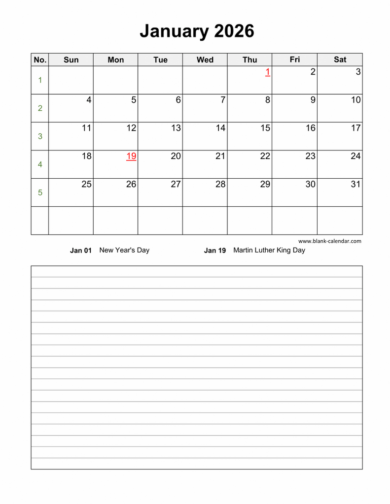 Download Blank Calendar 2026 With Space For Notes 12 Pages One Month 