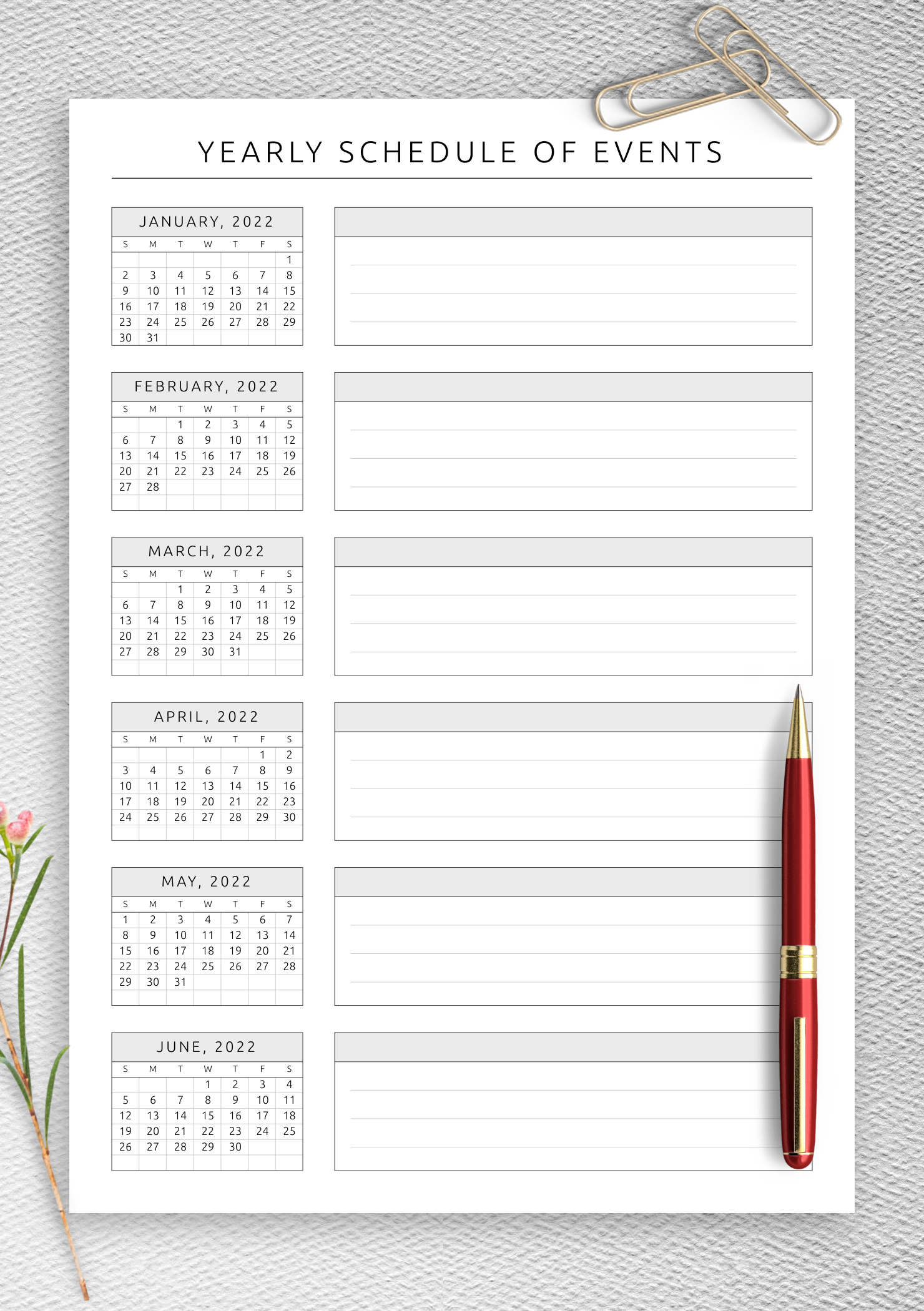 Download Printable Yearly Schedule Of Events Template PDF