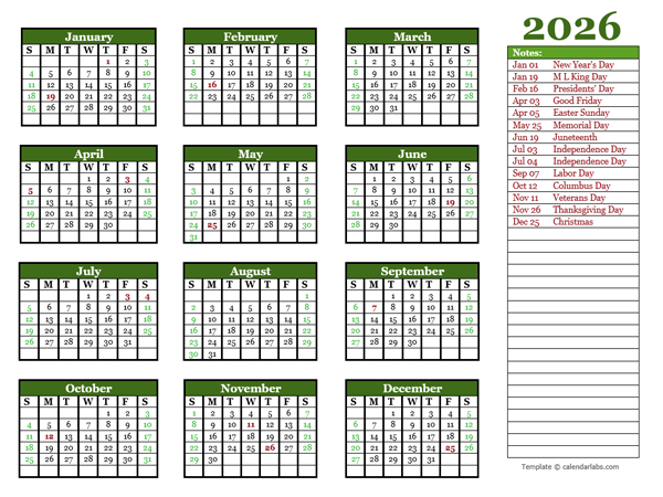 Editable 2026 Yearly Calendar Landscape Free Printable Templates