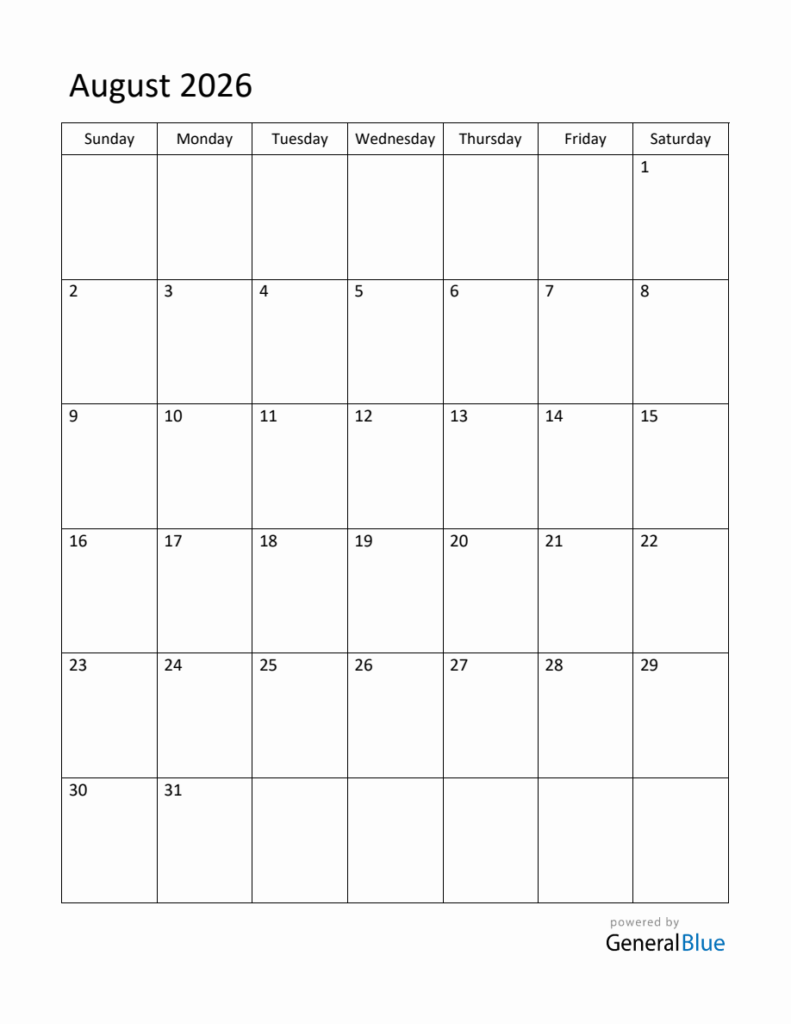 Editable August 2026 Monthly Calendar