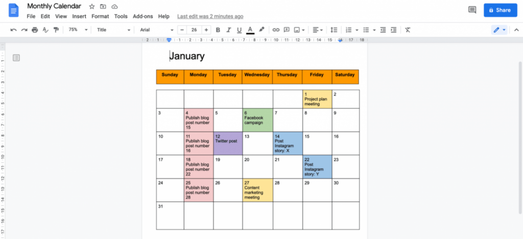 Editable Blank Calendar Template Google Docs Printable Online