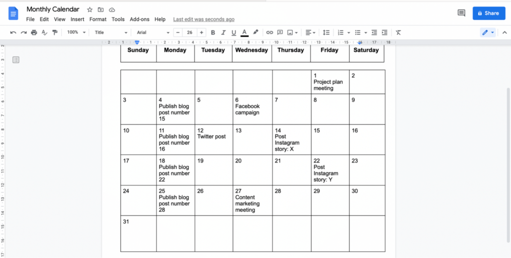 Editable Blank Calendar Template Google Docs Printable Online