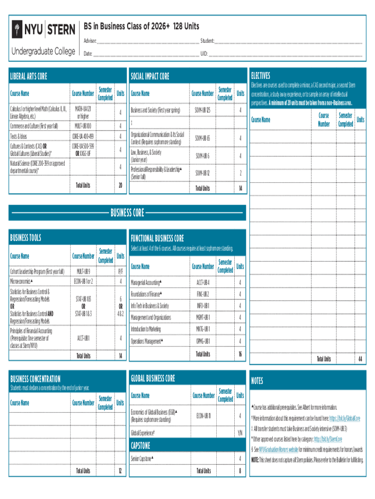 Fillable Online W4 Stern Nyu BS In Business Class Of 2026 Curriculum 