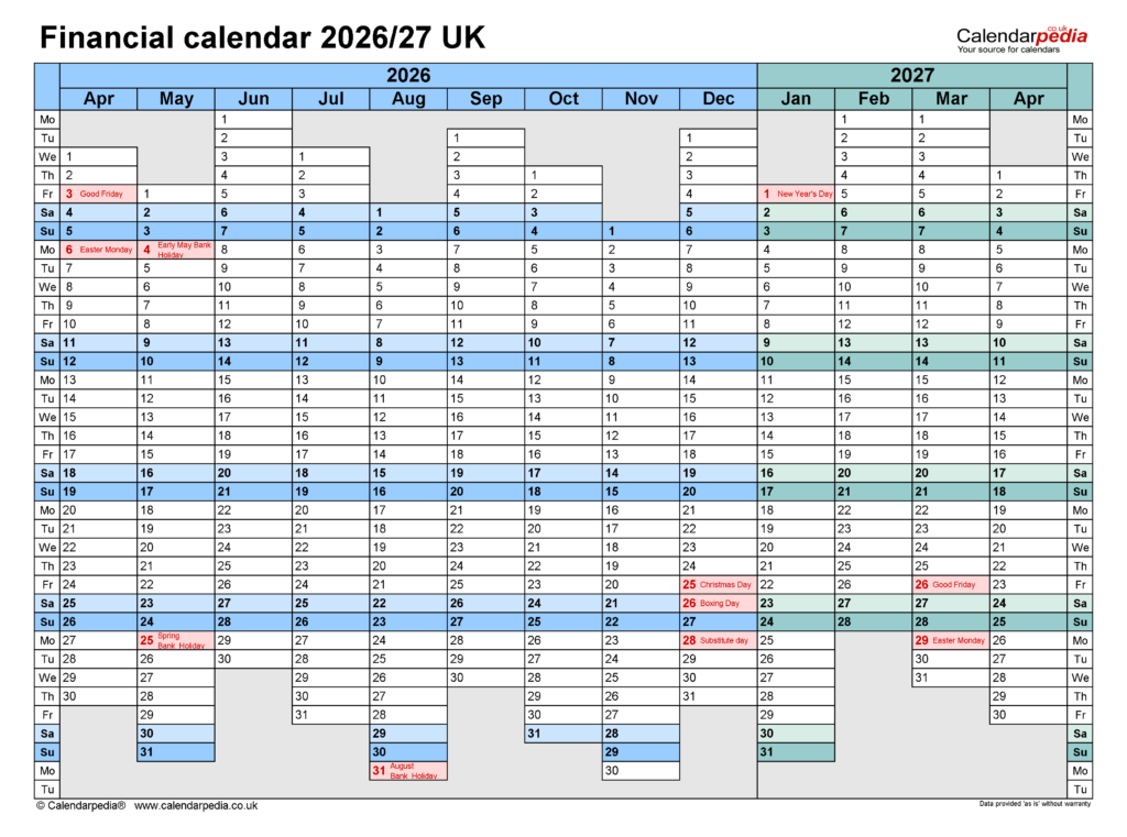 Financial Calendars 2026 27 UK In PDF Format