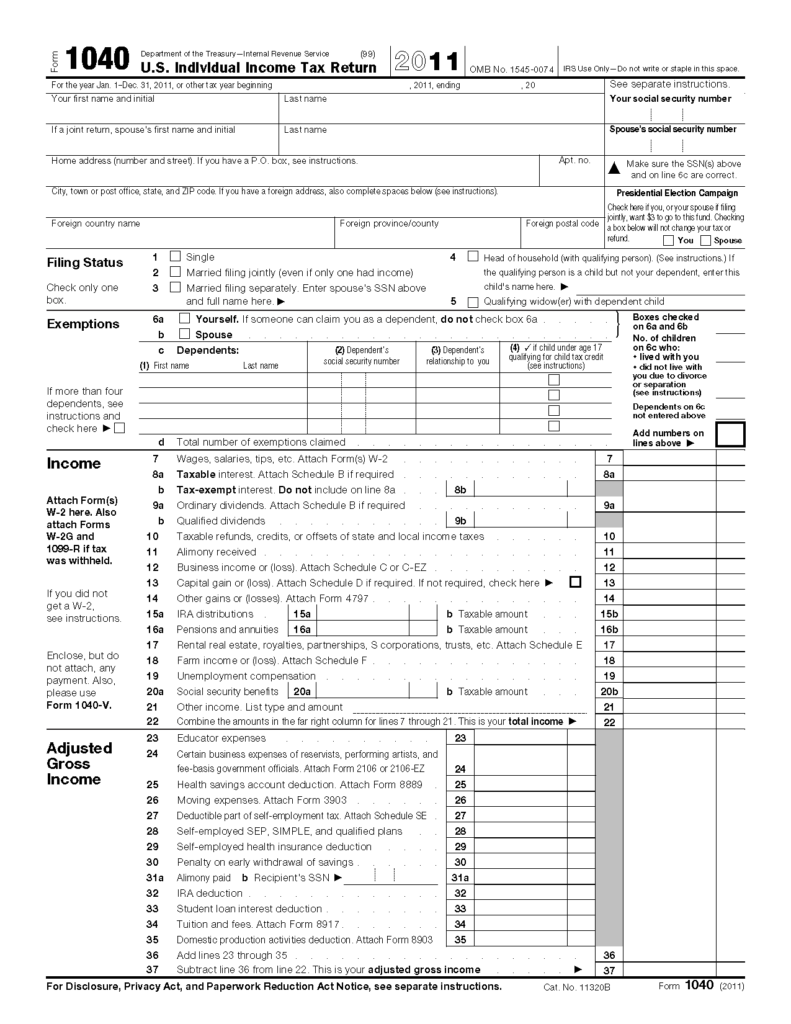 Form 1040 Federal Individual Income Tax Return Printable Printable 