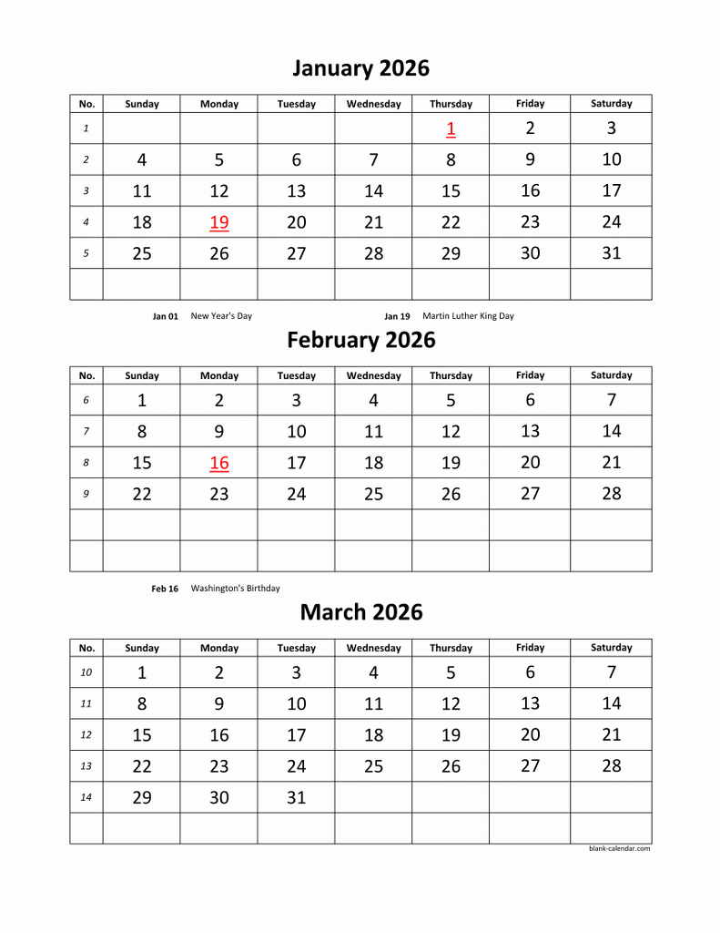 Free Download Printable Calendar 2026 3 Months Per Page 4 Pages 