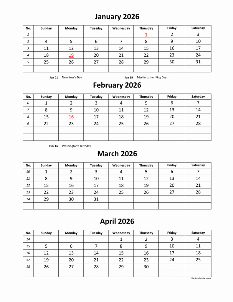 Free Download Printable Calendar 2026 4 Months Per Page 3 Pages 