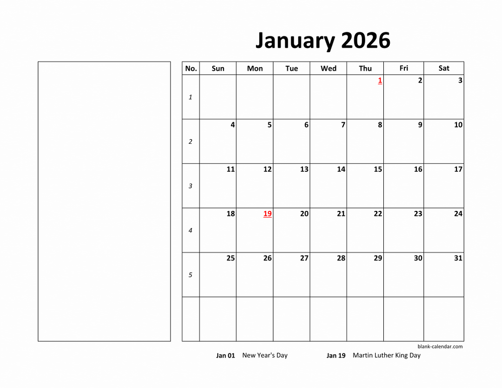 Free Download Printable Calendar 2026 Large Box Holidays Listed 