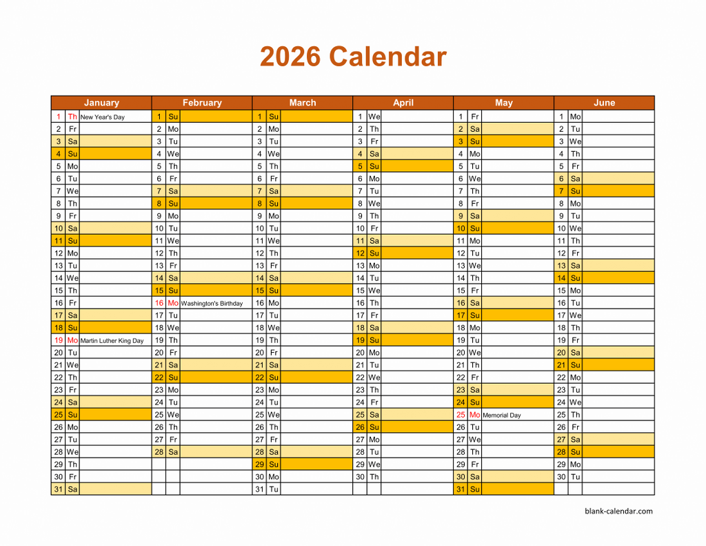 Free Download Printable Calendar 2026 Month In A Column Half A Year 