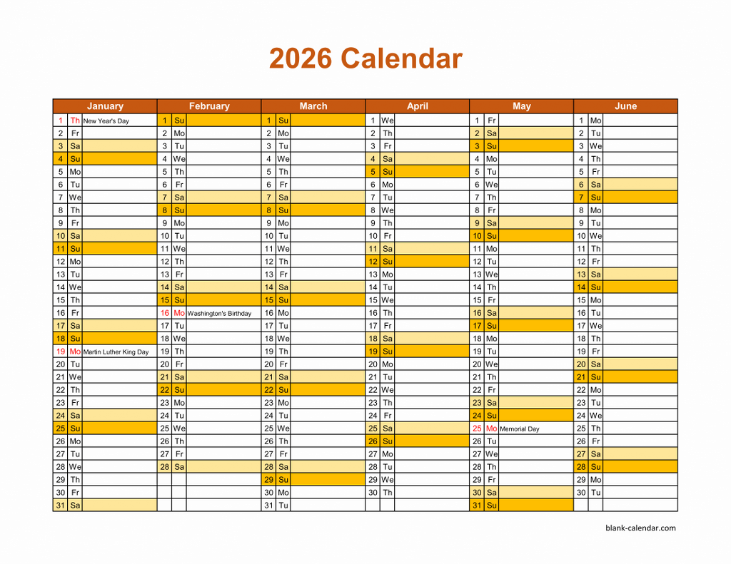 Free Download Printable Calendar 2026 Month In A Column Half A Year