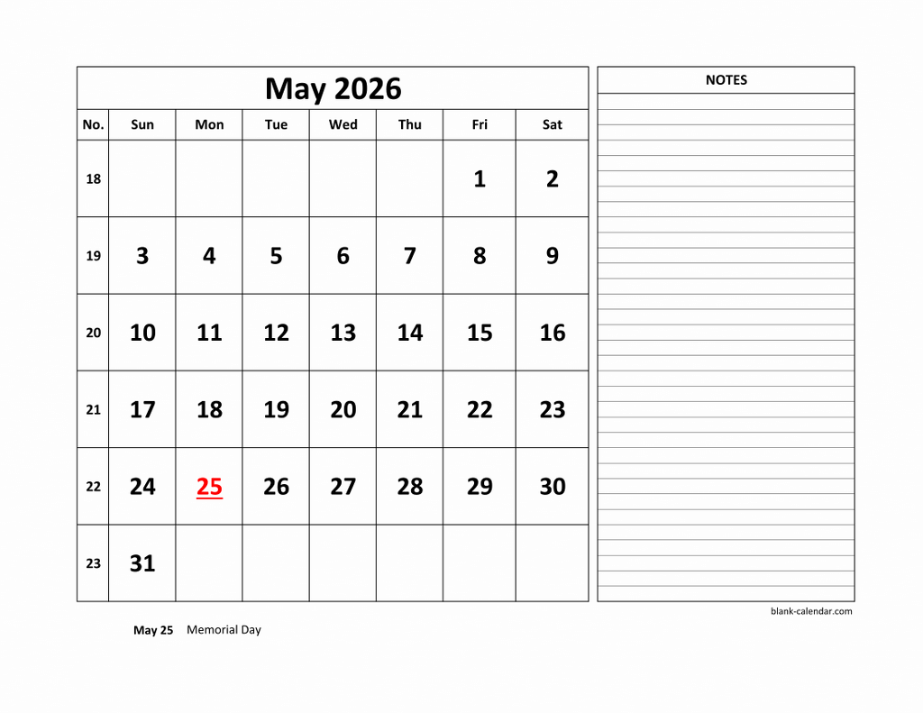 Free Download Printable May 2026 Calendar Large Space For Appointment 