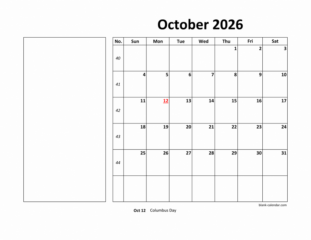 Free Download Printable October 2026 Calendar Large Box Holidays
