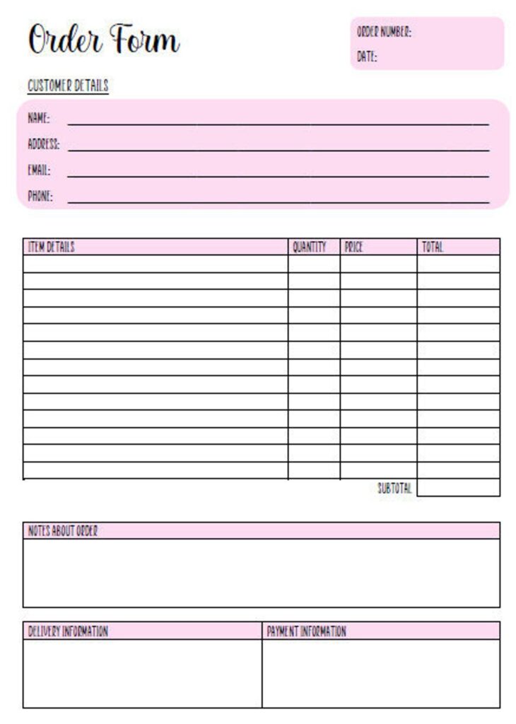 Free Order Form Template Printable Printable Form Templates And Letter