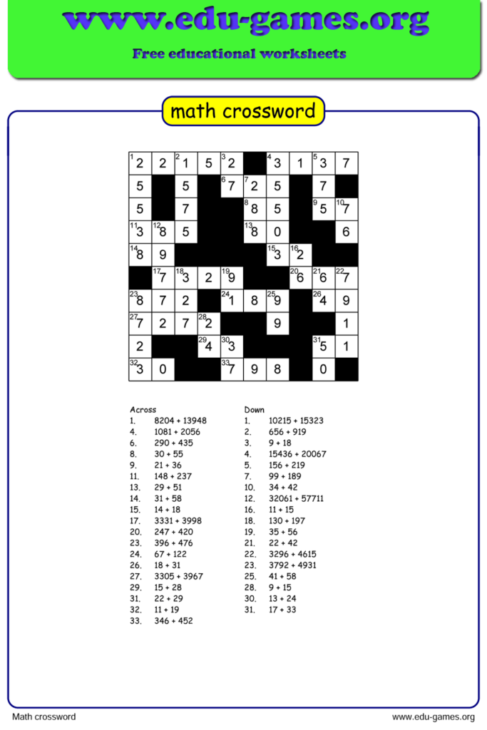 Free Pdf Printable Math Crossword Puzzles