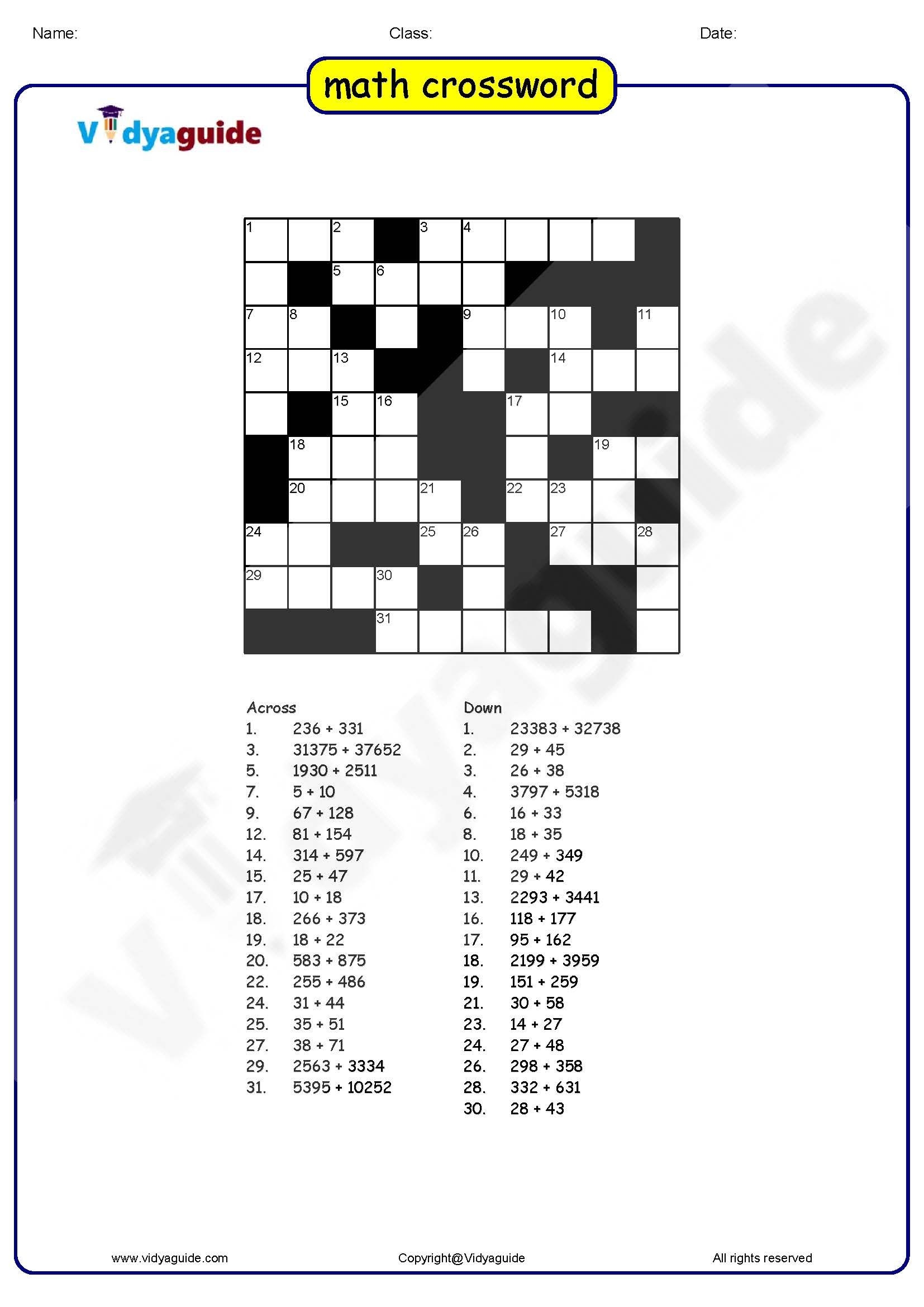 Free Pdf Printable Math Crossword Puzzles