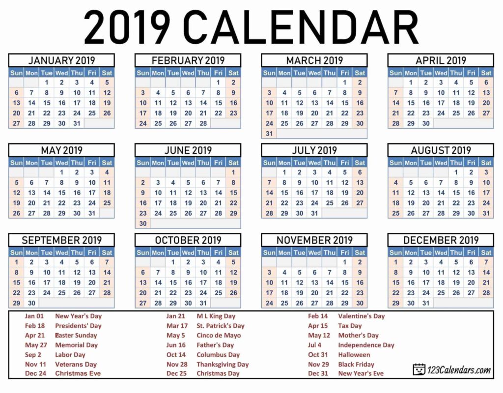 Free Printable 2019 Calendar 123Calendars