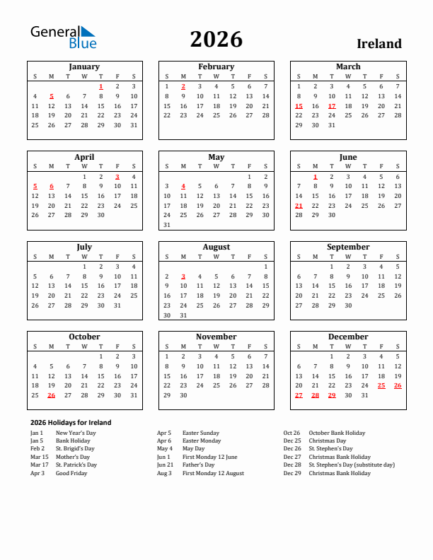 Free Printable 2026 Ireland Holiday Calendar