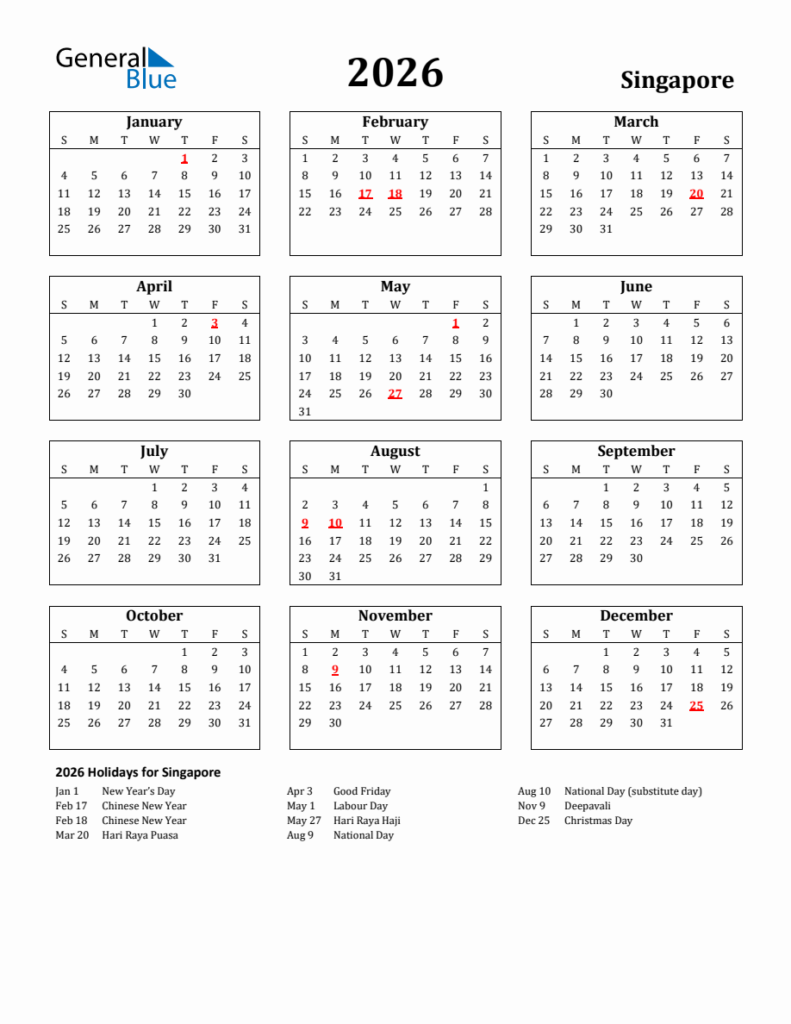 Free Printable 2026 Singapore Holiday Calendar