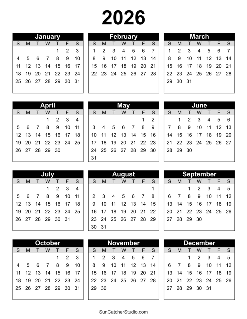 Free Printable 2026 Yearly Calendar DIY Projects Patterns Monograms 