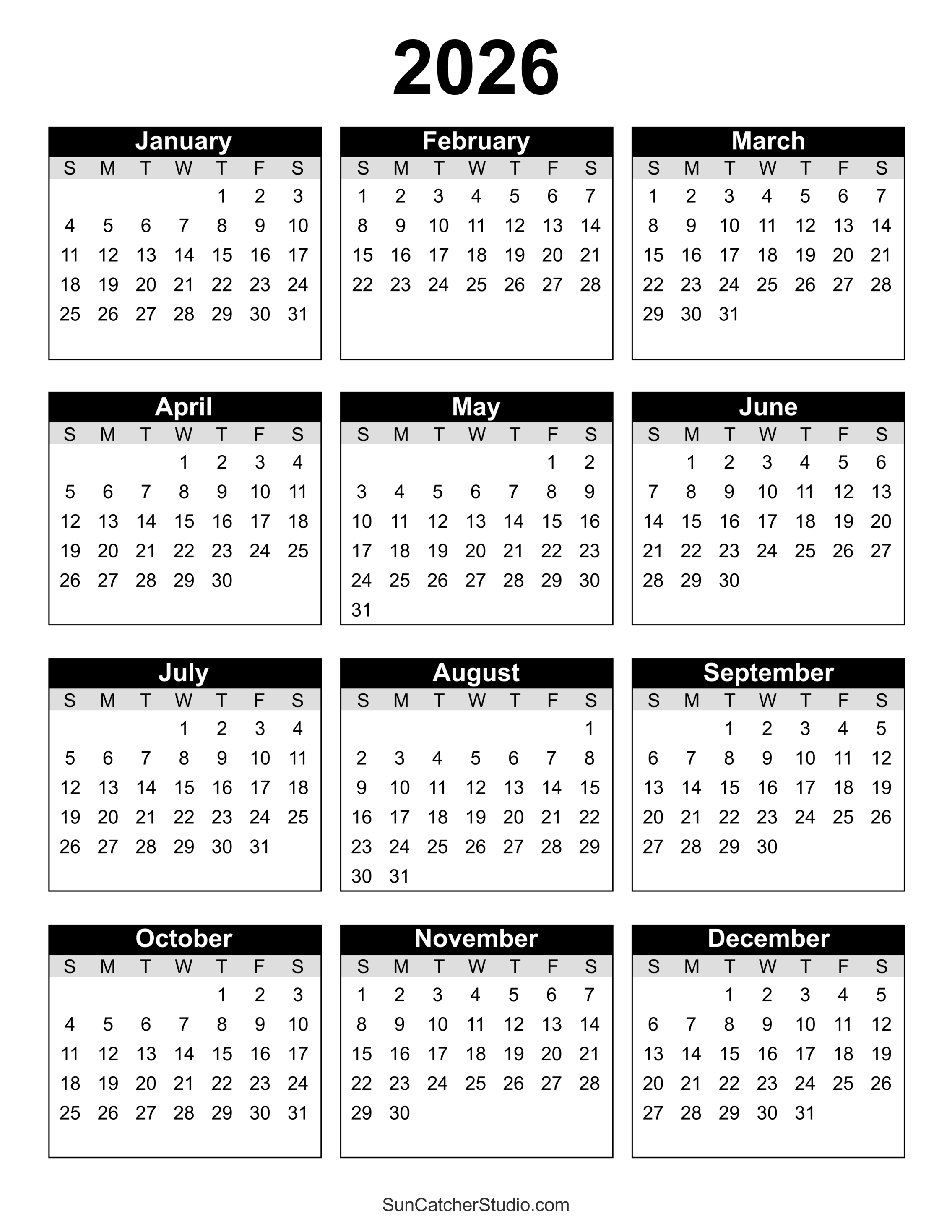 Free Printable 2026 Yearly Calendar DIY Projects Patterns Monograms