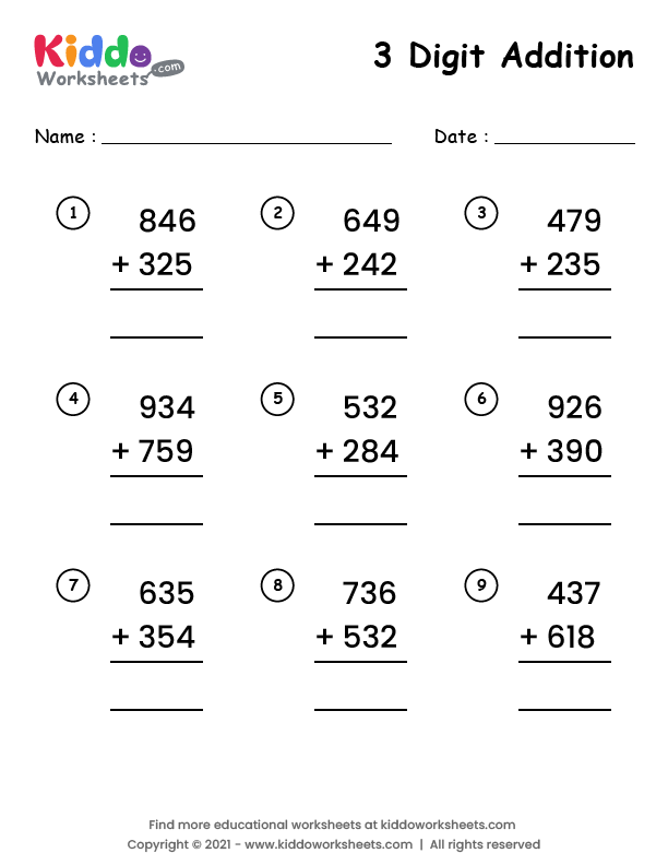 Free Printable 3 Digit Addition Worksheet Worksheet Kiddoworksheets