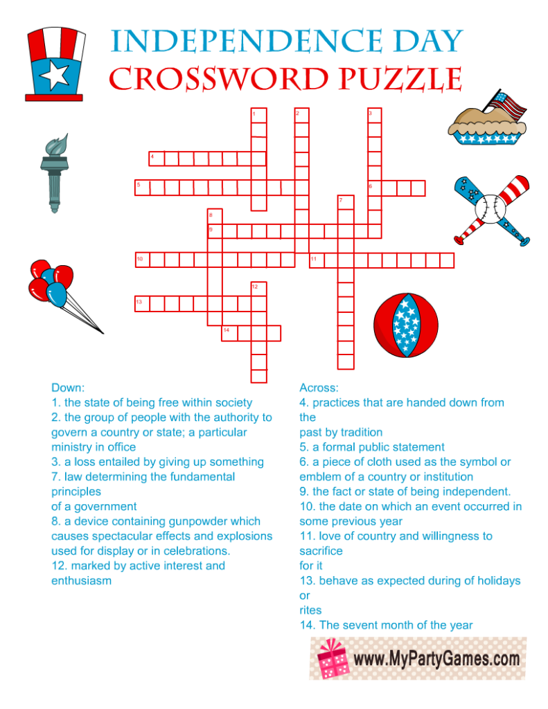 Free Printable 4th Of July Crossword Puzzle With Answer Key