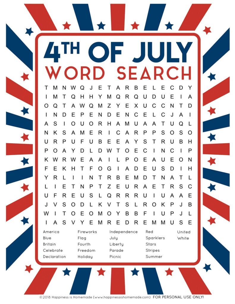 Free Printable 4Th Of July Word Search