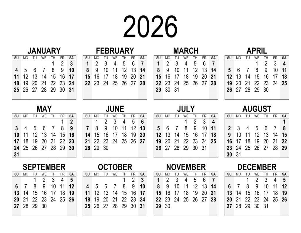 Free Printable Calendar 2026 week Starts From Sunday Free calendar su
