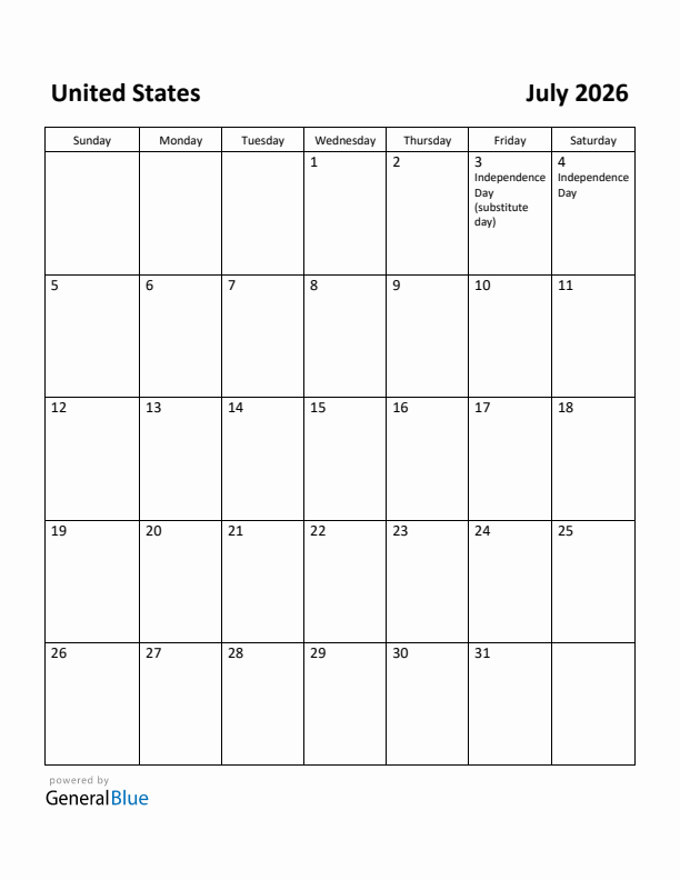 Free Printable July 2026 Calendar For United States