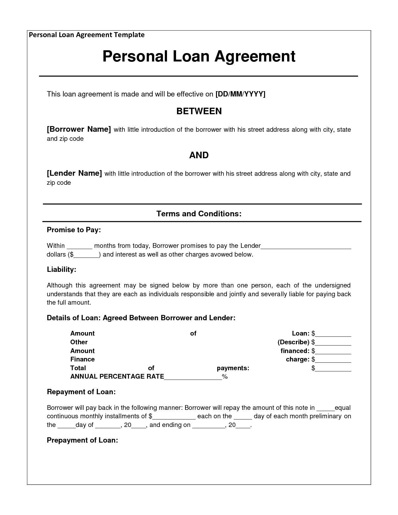 Free Printable Loan Agreement Form Form GENERIC