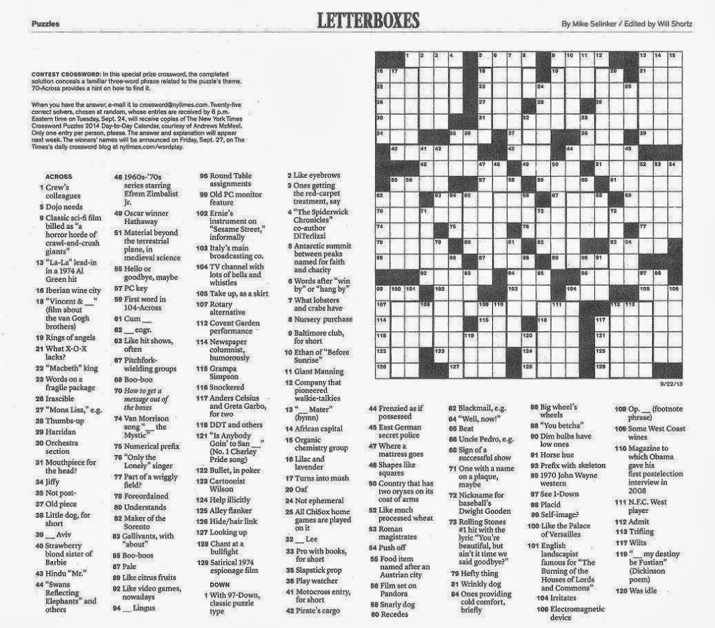 Free Printable New York Times Crossword Puzzles Printable Crossword