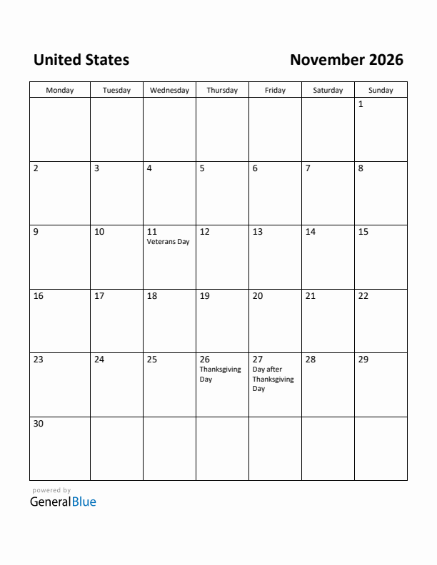 Free Printable November 2026 Calendar For United States