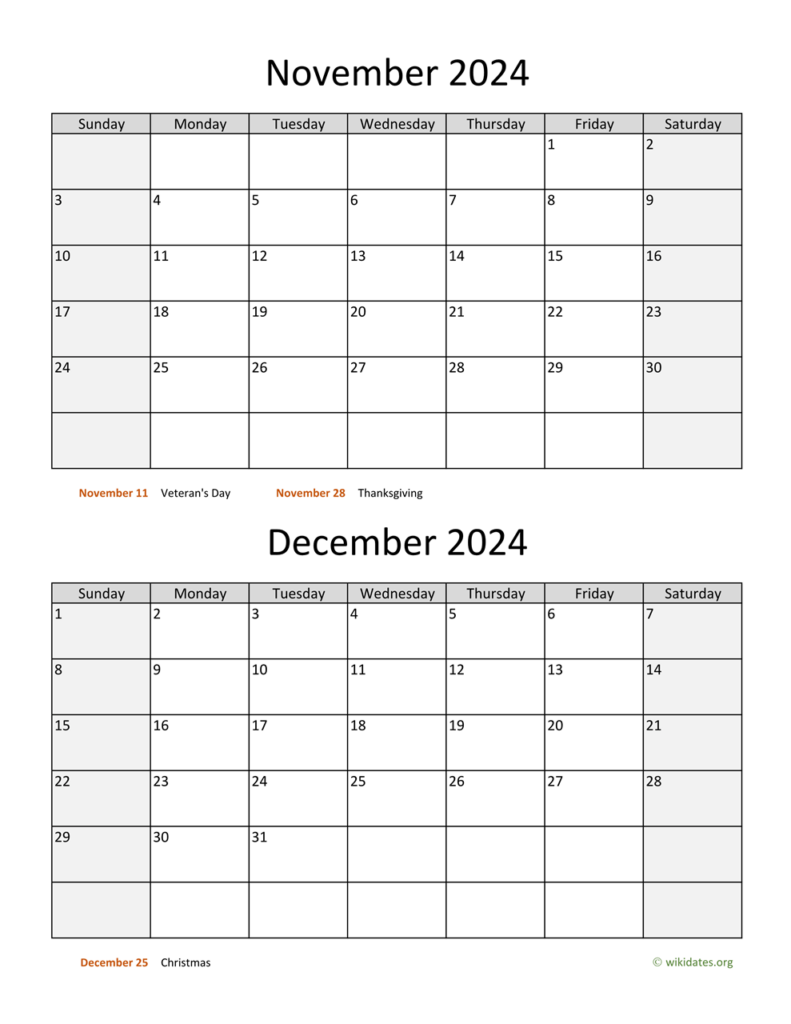 Free Printable November And December 2024 Calendar With Holidays 