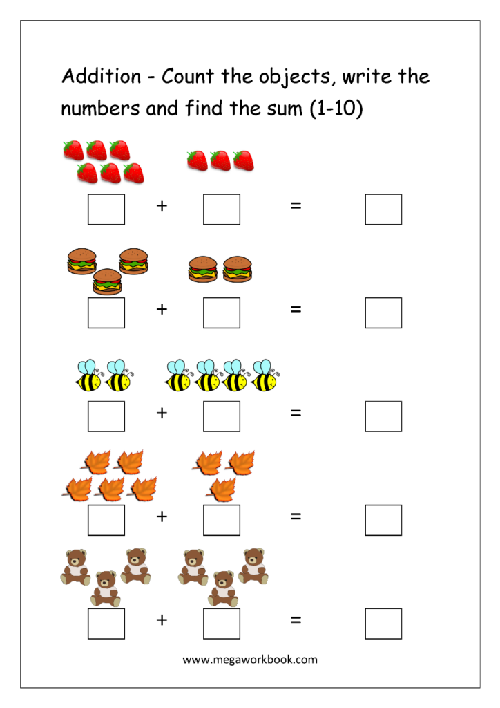 Free Printable Number Addition Worksheets 1 10 For Kindergarten And 