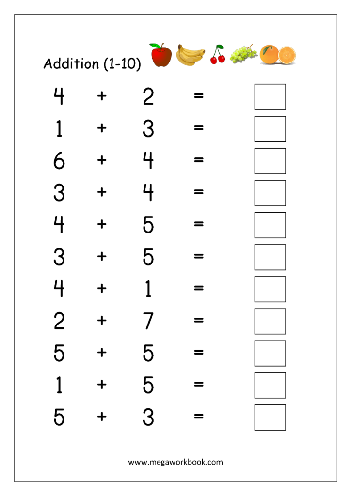 Free Printable Number Addition Worksheets 1 10 For Kindergarten And 