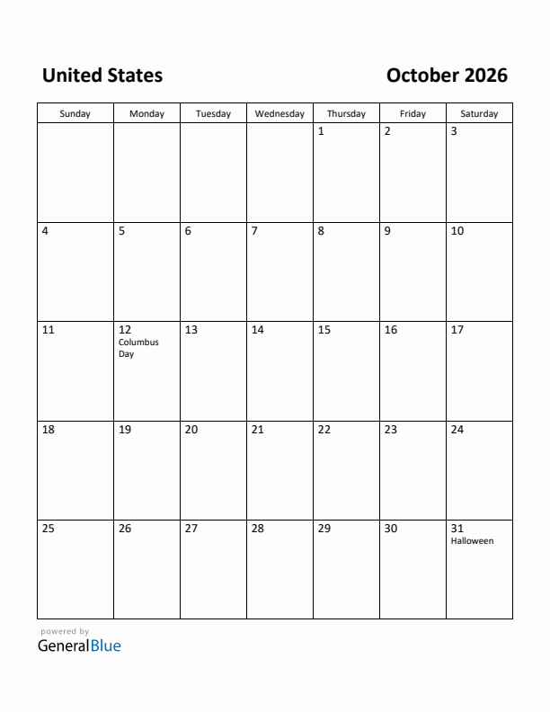 Free Printable October 2026 Calendar For United States