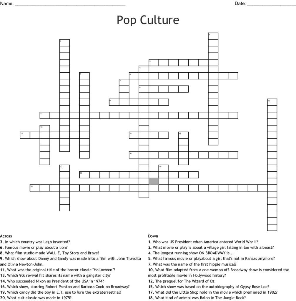 Free Printable Pop Culture Crossword Puzzles