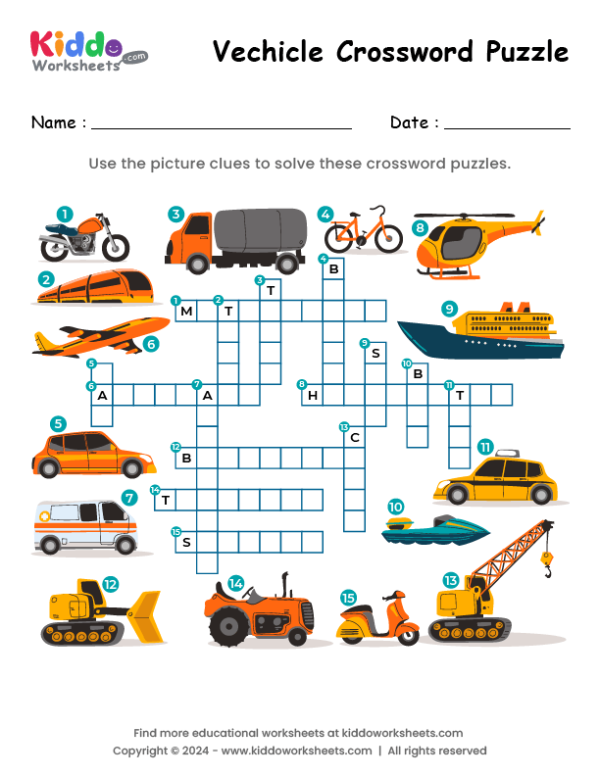 Free Printable Vehicle Crossword Worksheet Kiddoworksheets