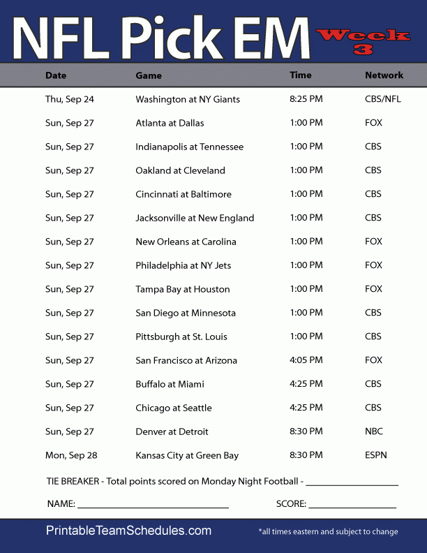 Free Printable Weekly Nfl Football Schedules