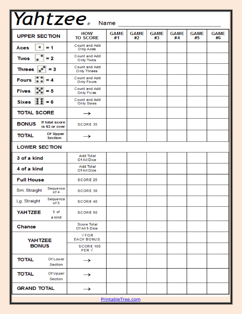 Free Printable Yahtzee Score Card Sheets PDF Templates